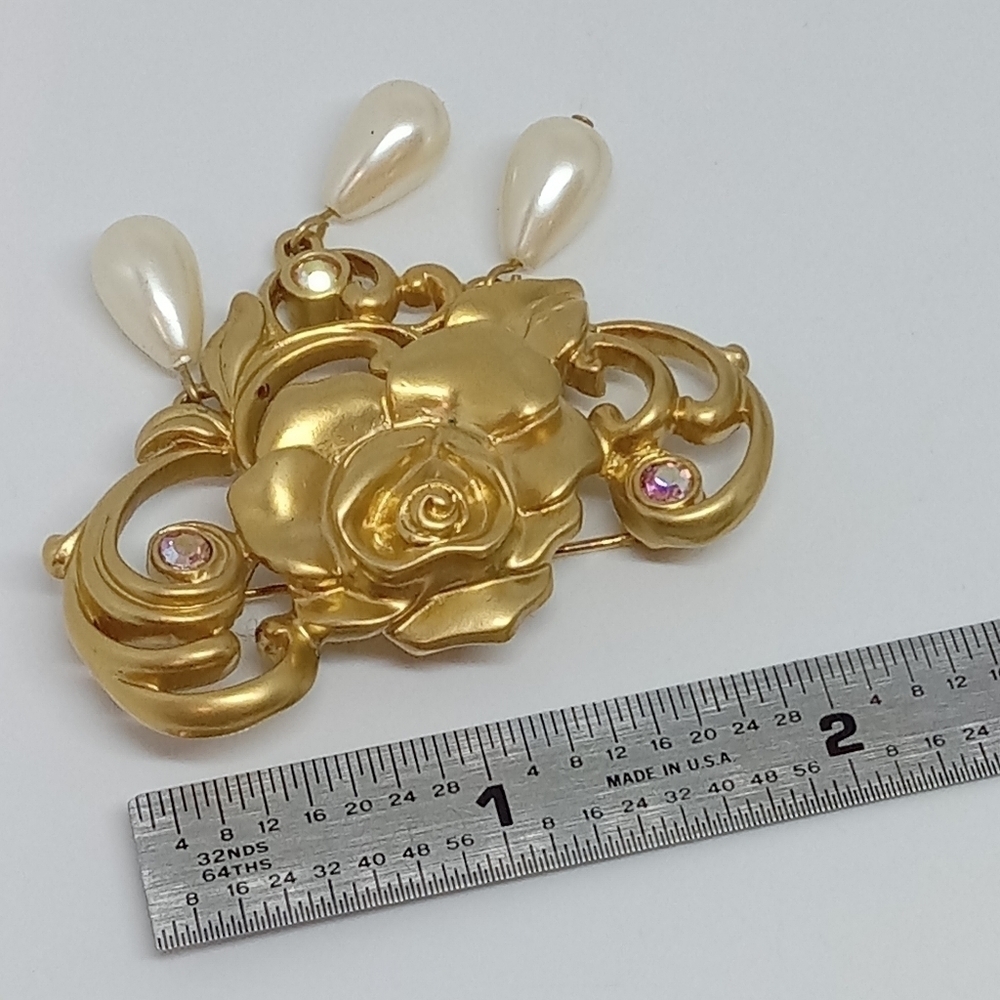 * vintage Avon large faux pearls gold tone rose flower pin brooch - Picture 2 of 6
